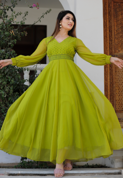 Women's Sheen Green Hand Block Printed Anarkali Kurta With Dupatta