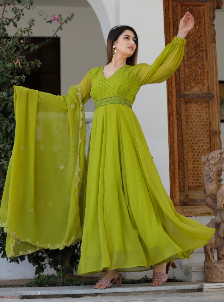 Women's Sheen Green Hand Block Printed Anarkali Kurta With Dupatta - Geeta Fashion