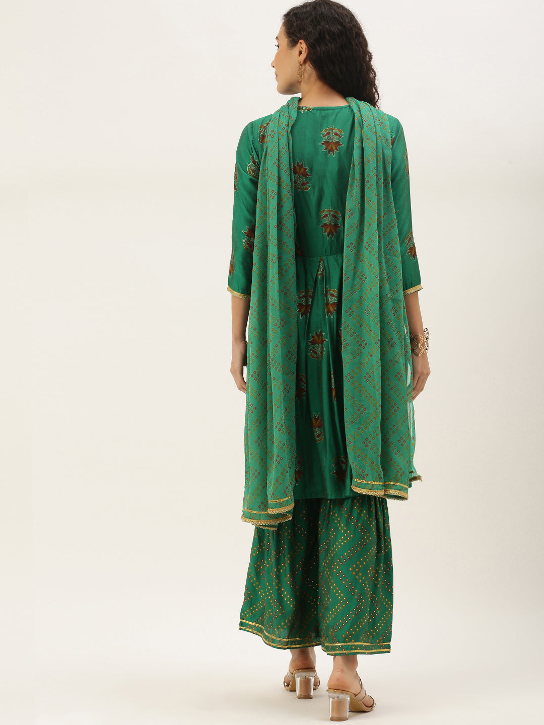 Women's Green Color Muslin Foil Printed Kurta Sharara With Dupatta - VAABA USA