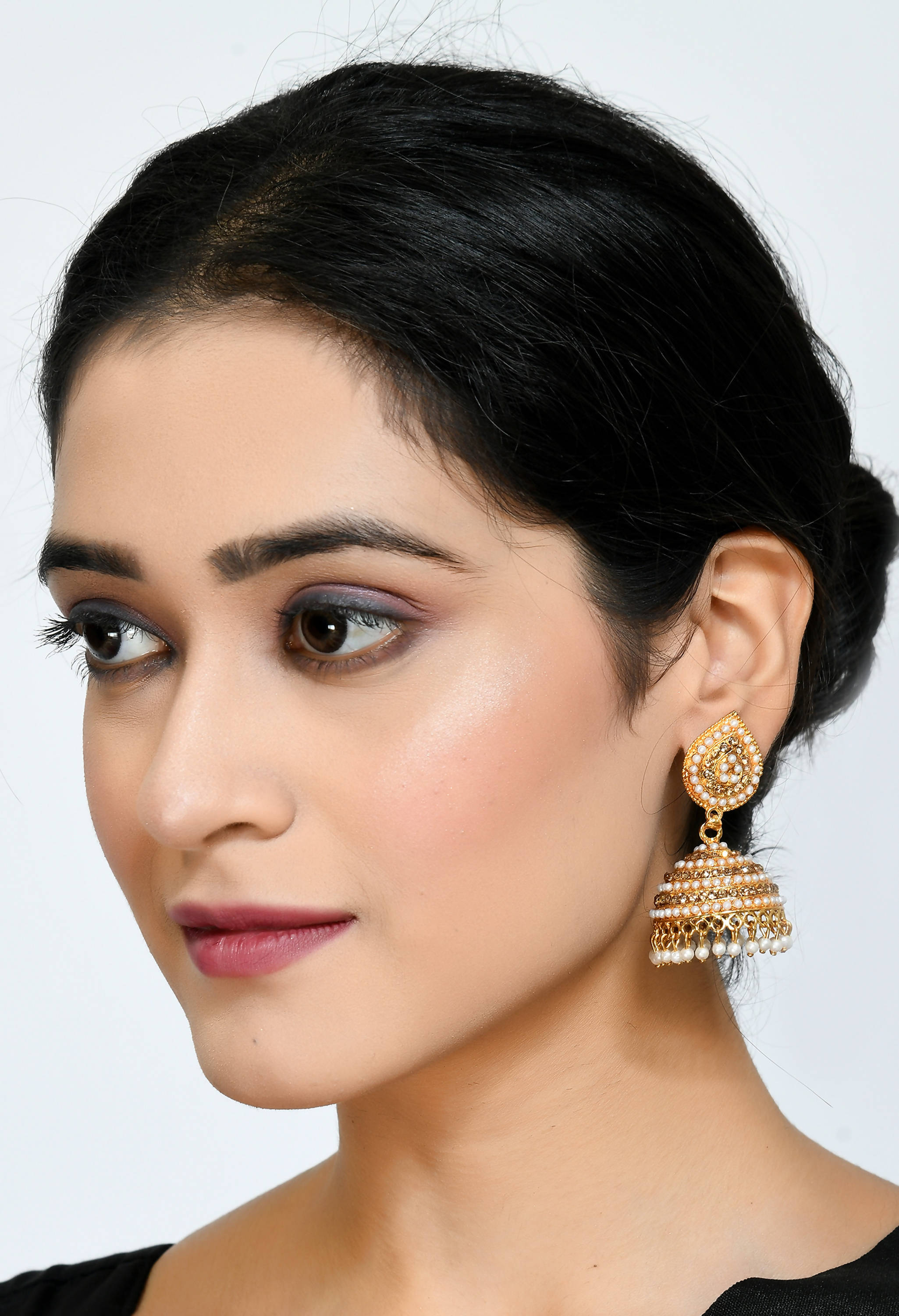 Johar Kamal Traditional leaf design Jhumka with stone & Pearl Ear