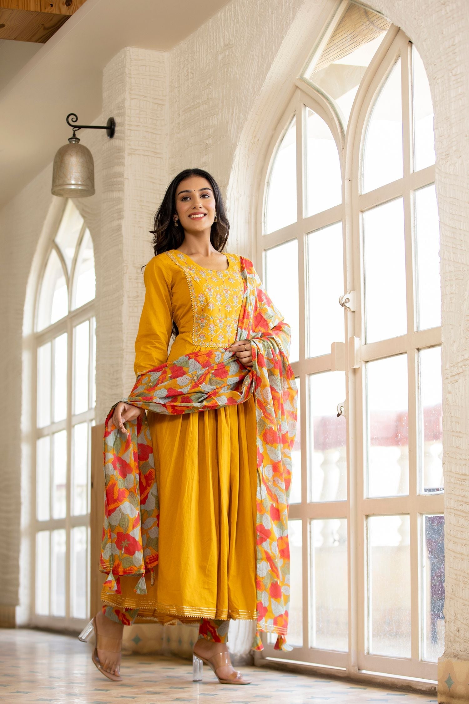 Women's Yellow Floral Print Anarkali Suit Set - Final Clearance Sale