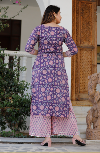 Women's Grape Violet Hand Block Printed Kurta And Rose Pink Palazzo With Dupatta