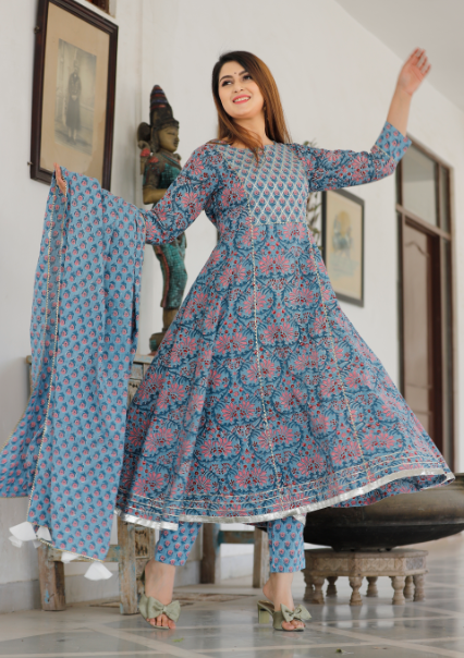 Women's Dodge Blue Hand Block Printed Anarkali Set With Pent And Dupatta - Geeta Fashion