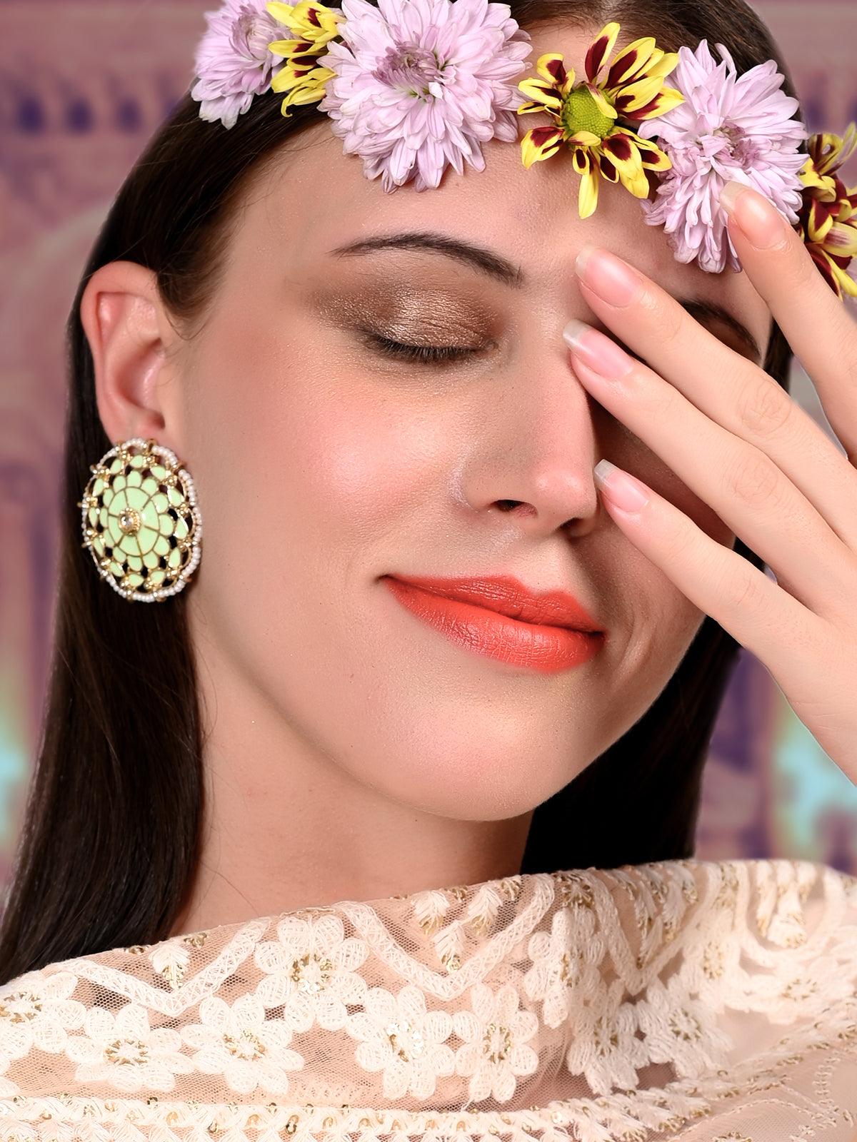 Women's Gold And Sober Green Tinted Stud Earrings