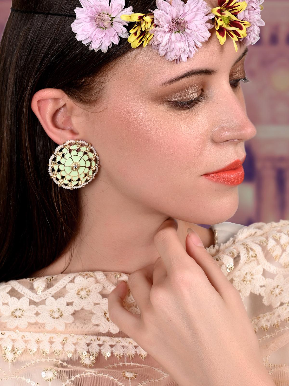 Women's Gold And Sober Green Tinted Stud Earrings