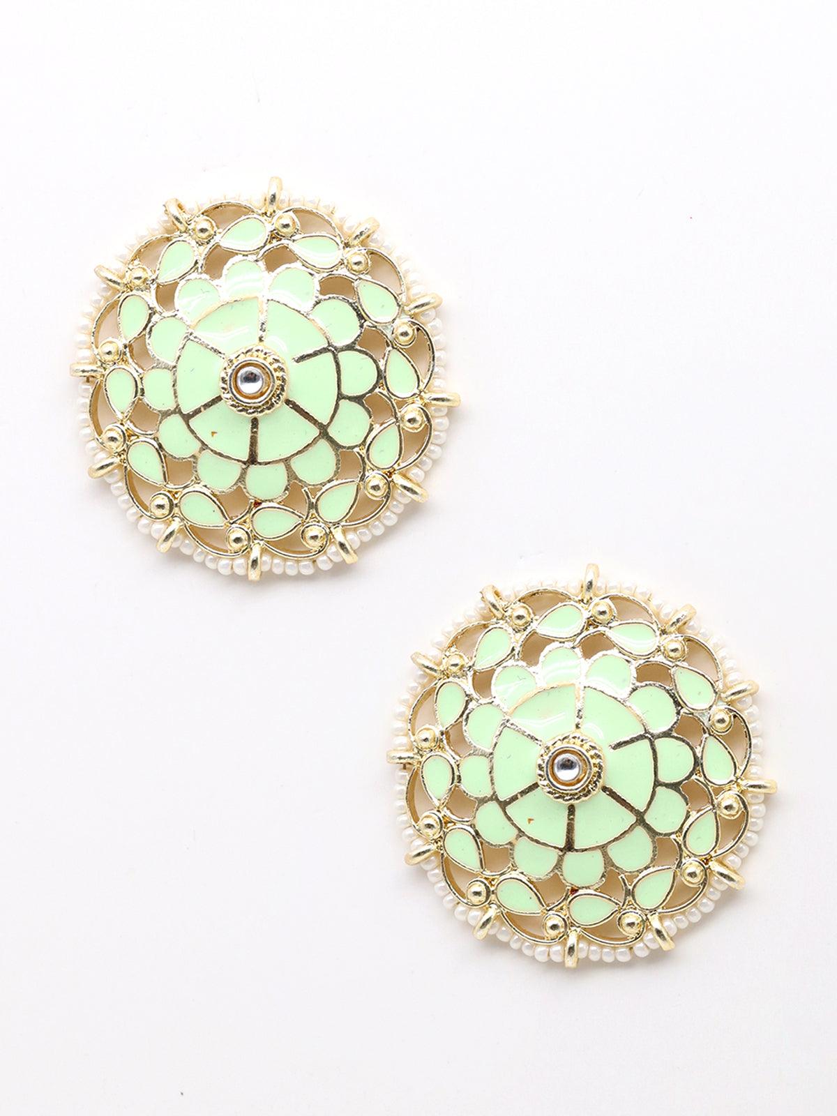 Women's Gold And Sober Green Tinted Stud Earrings