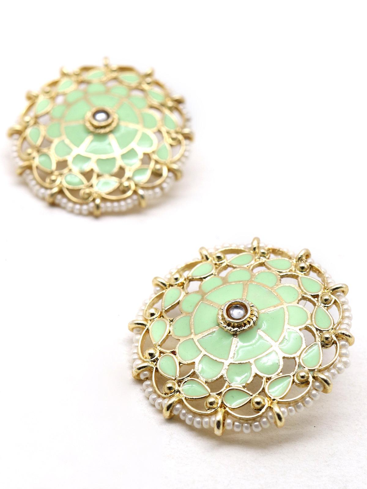 Women's Gold And Sober Green Tinted Stud Earrings