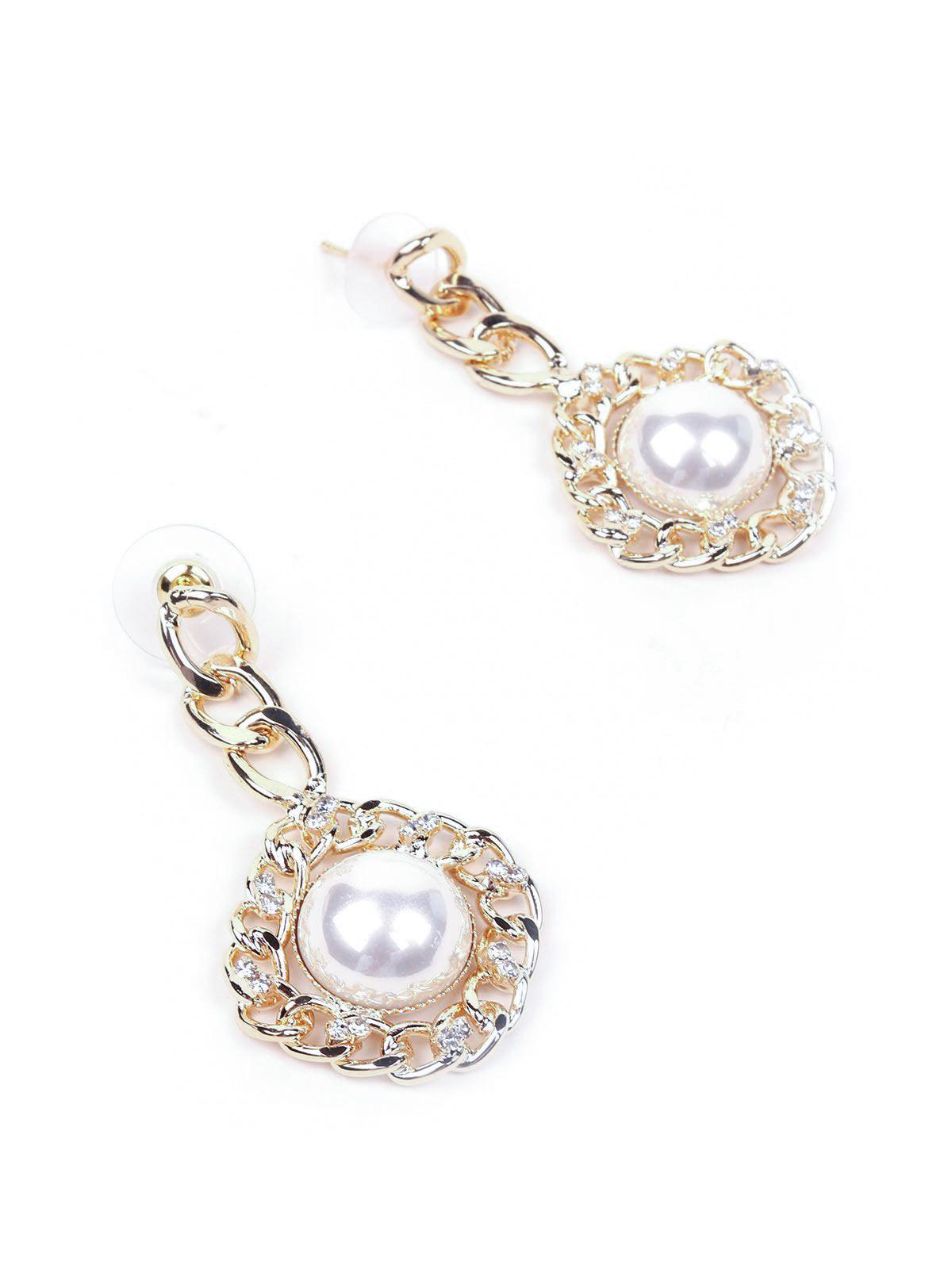 Women's Gold Chain Dropped Pearl Studded Earring