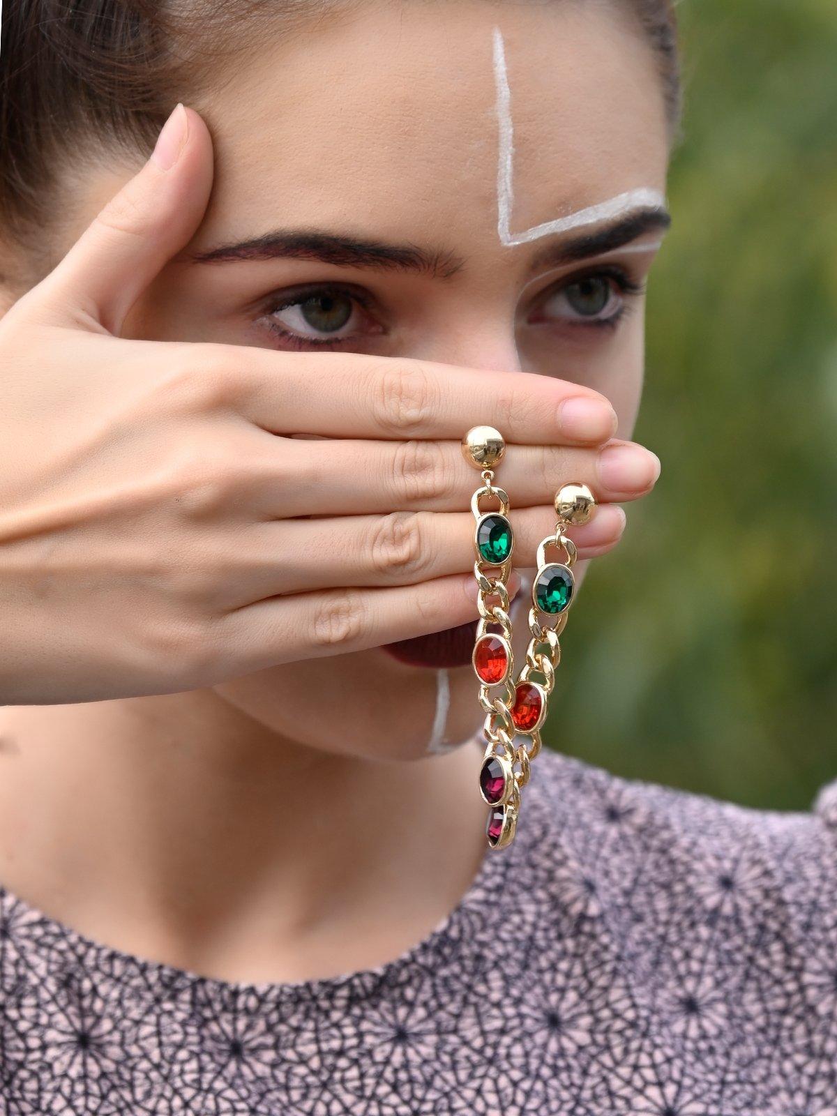Women's Gold Chained Gem Stone Earring