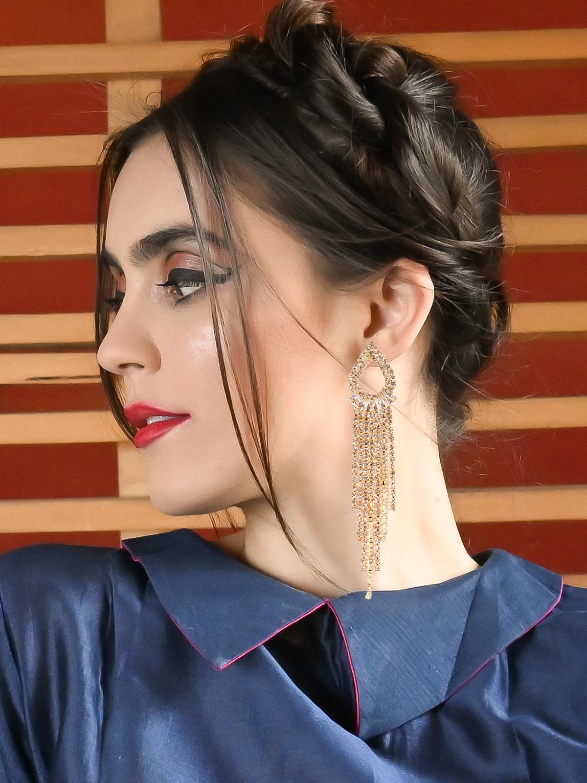 Women's Gold Sparkly Crystal Drop Tassel Earring