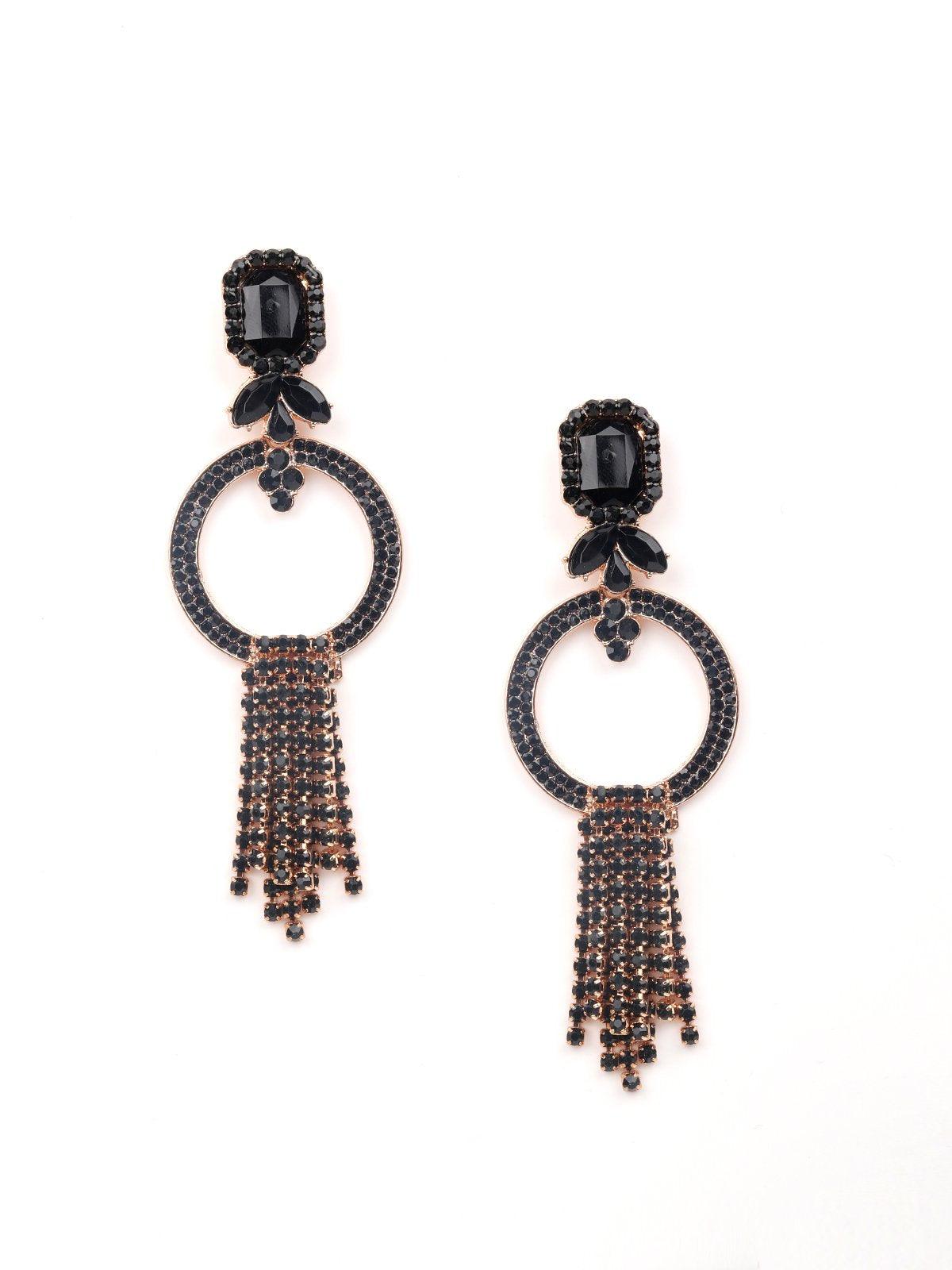 Women's Gold-Tone Black Hoops With Tassels Earring