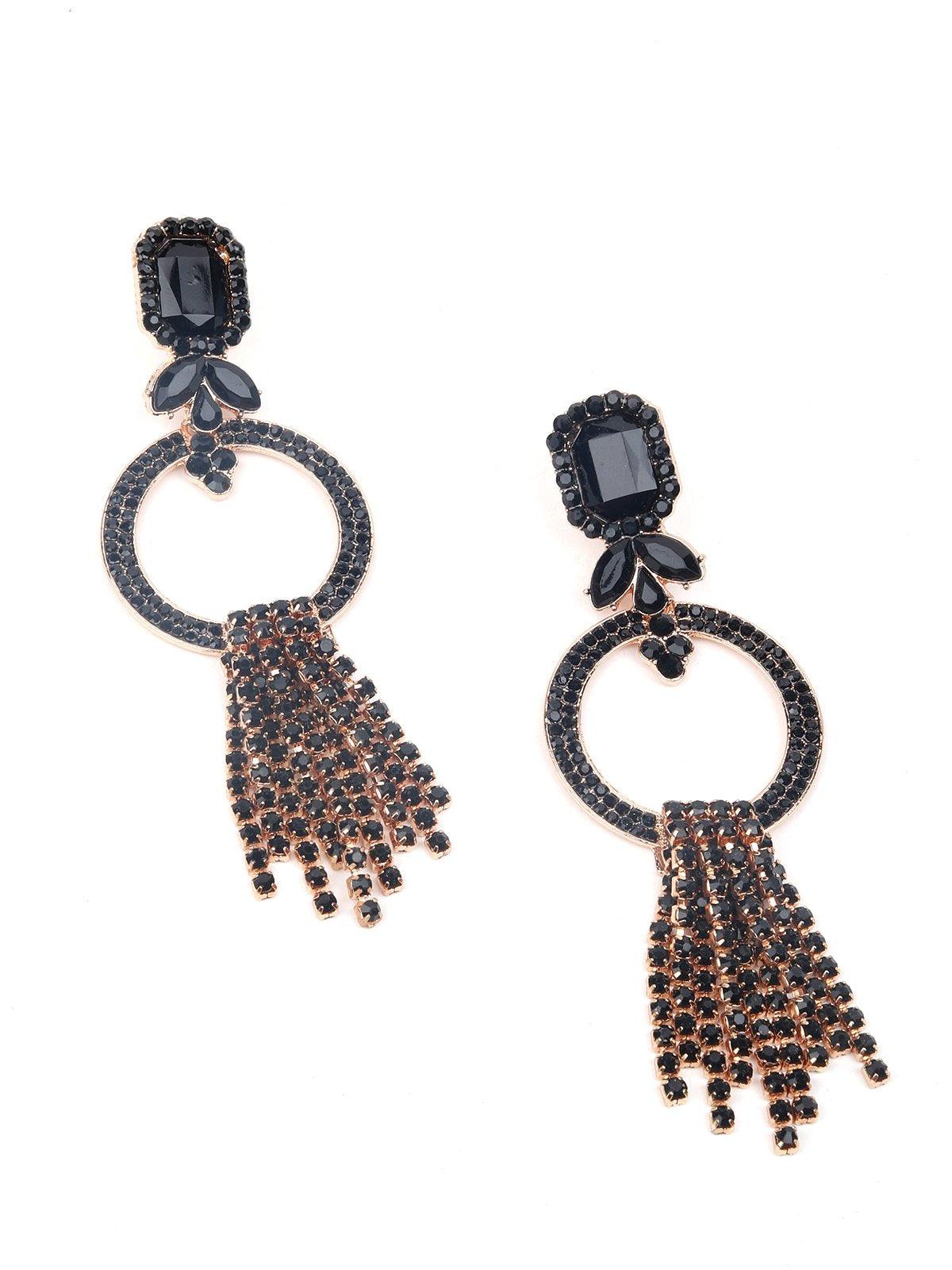 Women's Gold-Tone Black Hoops With Tassels Earring