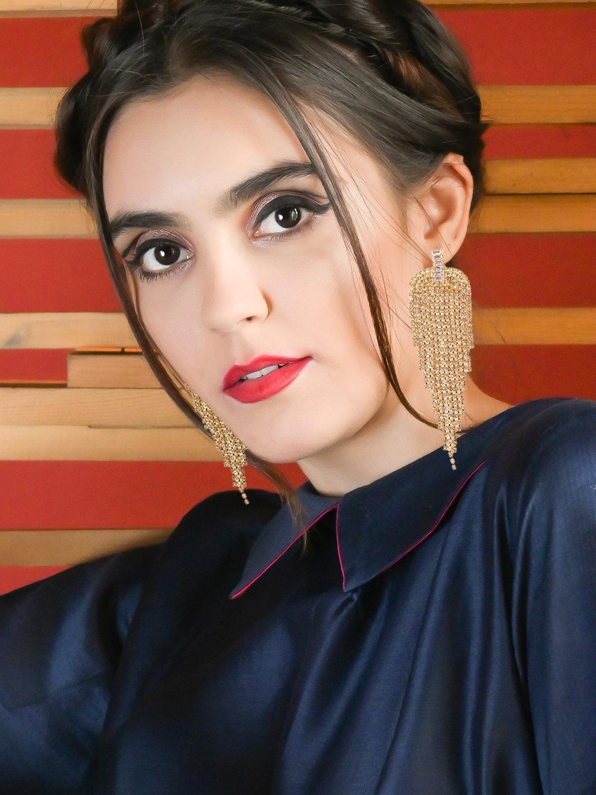 Women's Gold-Tone Crystal Drop Tassel Earring