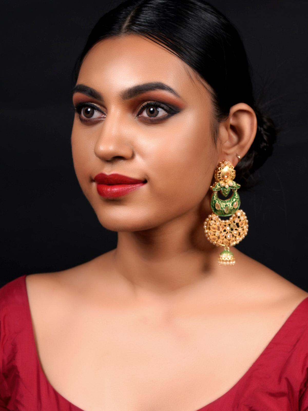 Women's Gold Tone Green-Enamelled Dangle Earring