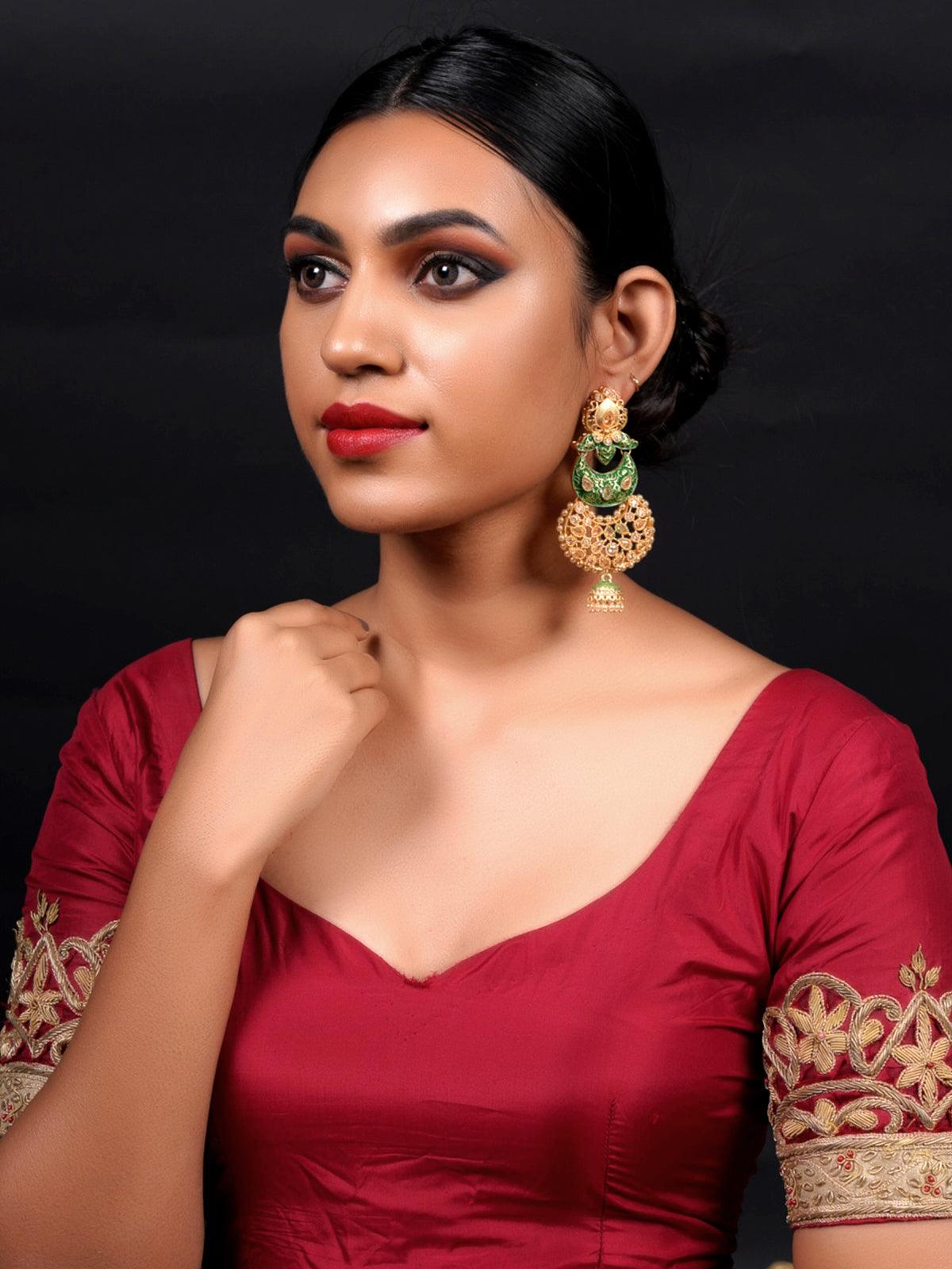 Women's Gold Tone Green-Enamelled Dangle Earring