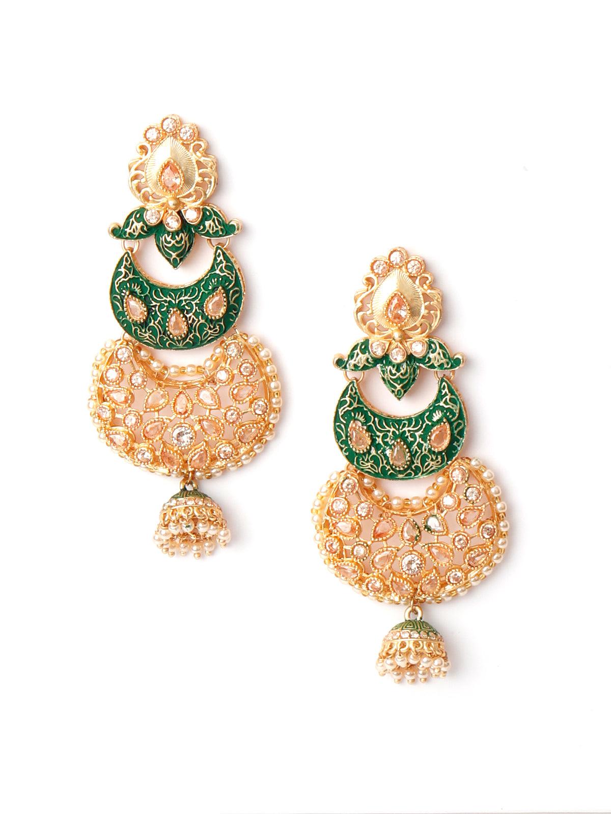 Women's Gold Tone Green-Enamelled Dangle Earring