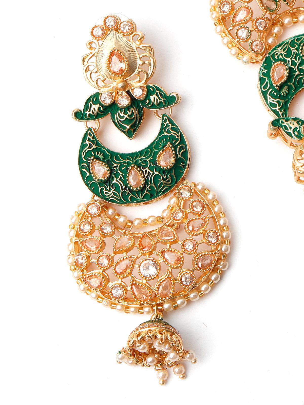 Women's Gold Tone Green-Enamelled Dangle Earring
