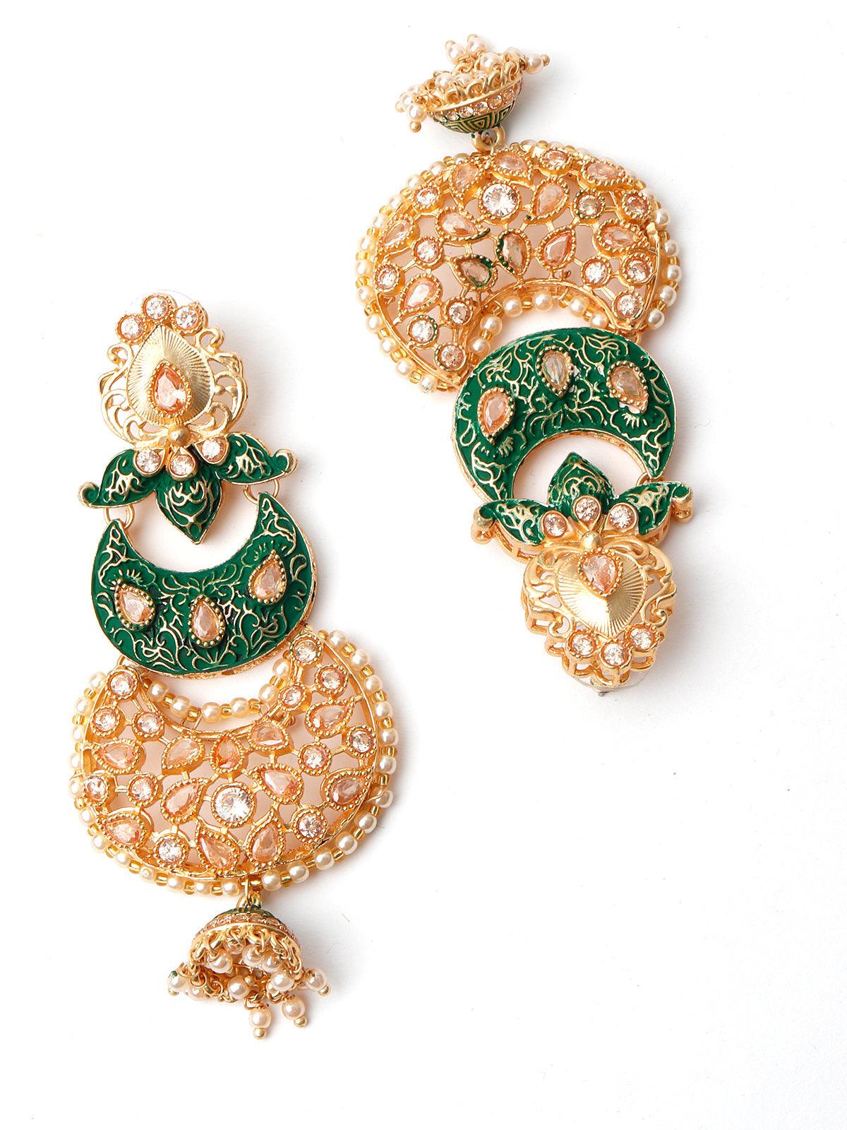 Women's Gold Tone Green-Enamelled Dangle Earring