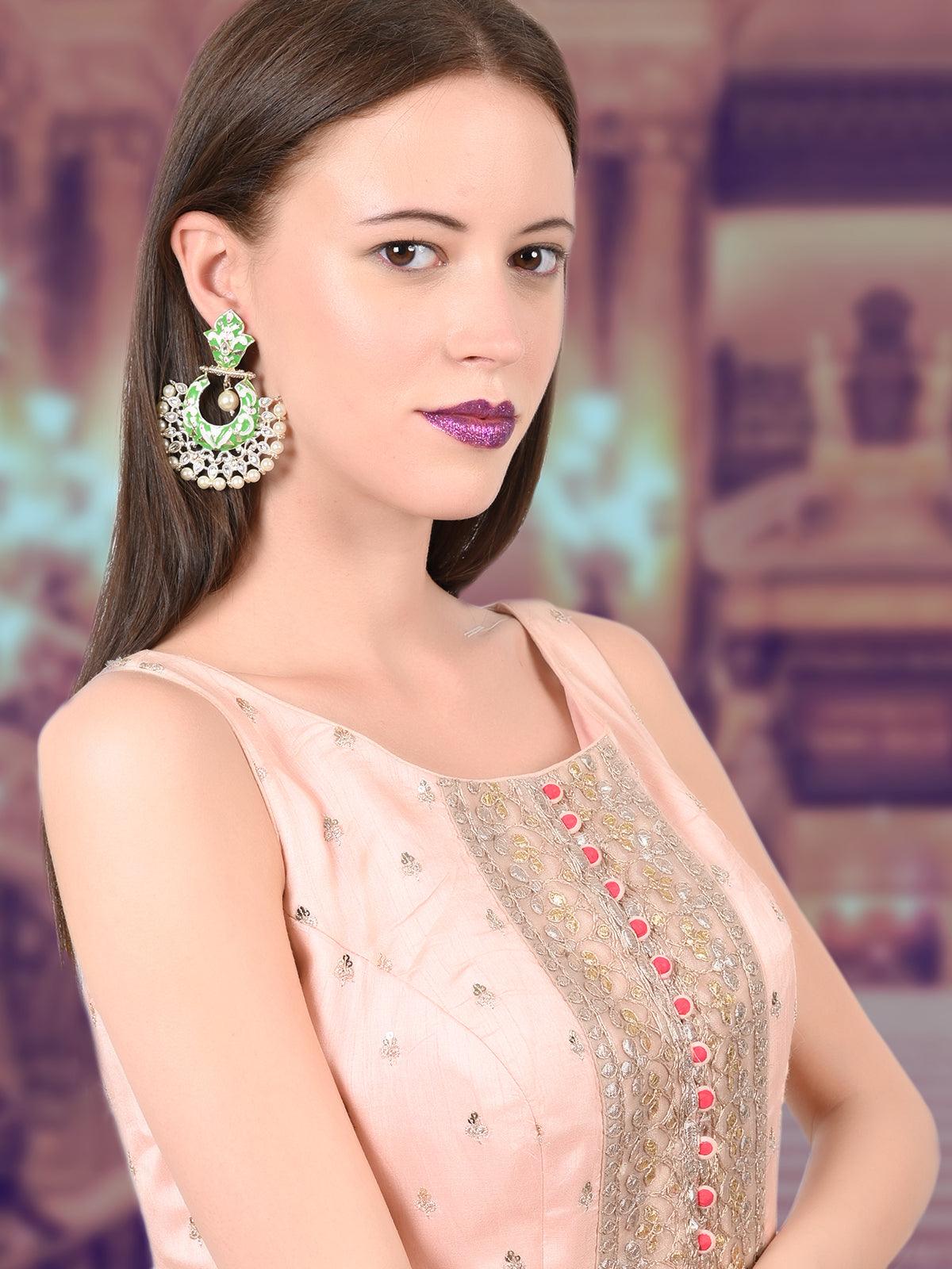 Women's Gold Tone Light Green White Tinted Kundan Pearl Dangle Earrings