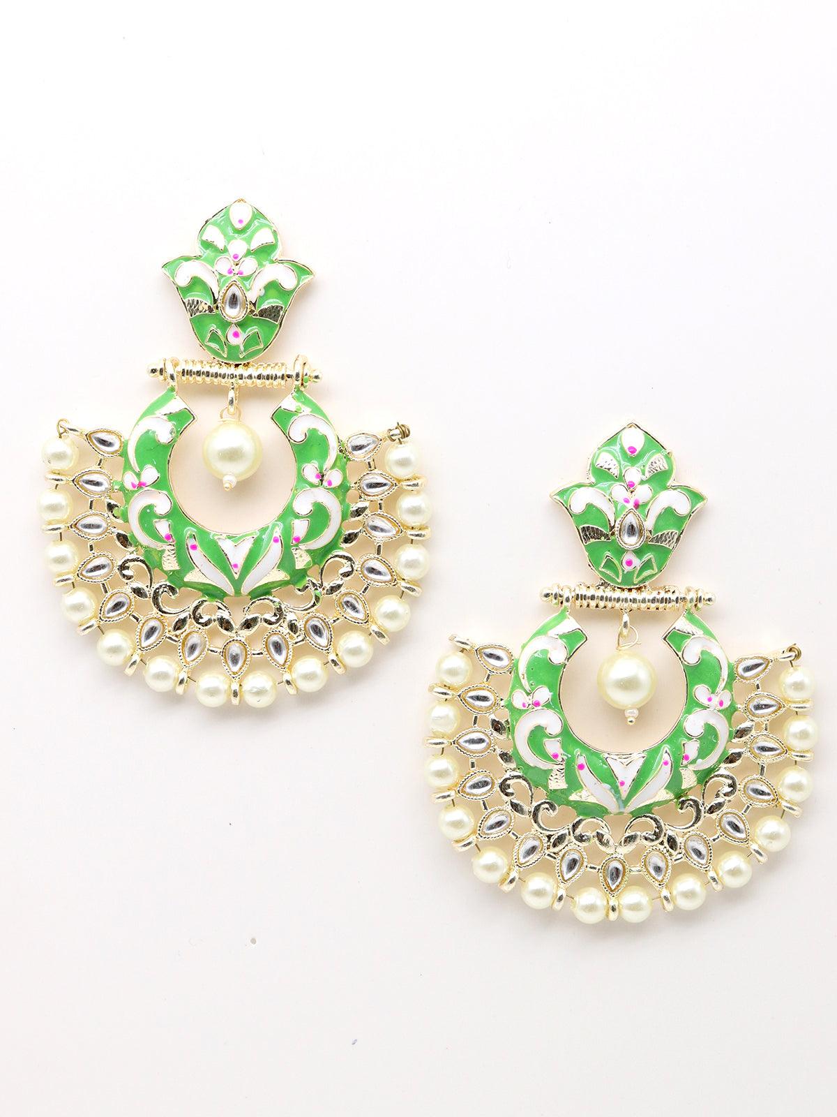 Women's Gold Tone Light Green White Tinted Kundan Pearl Dangle Earrings