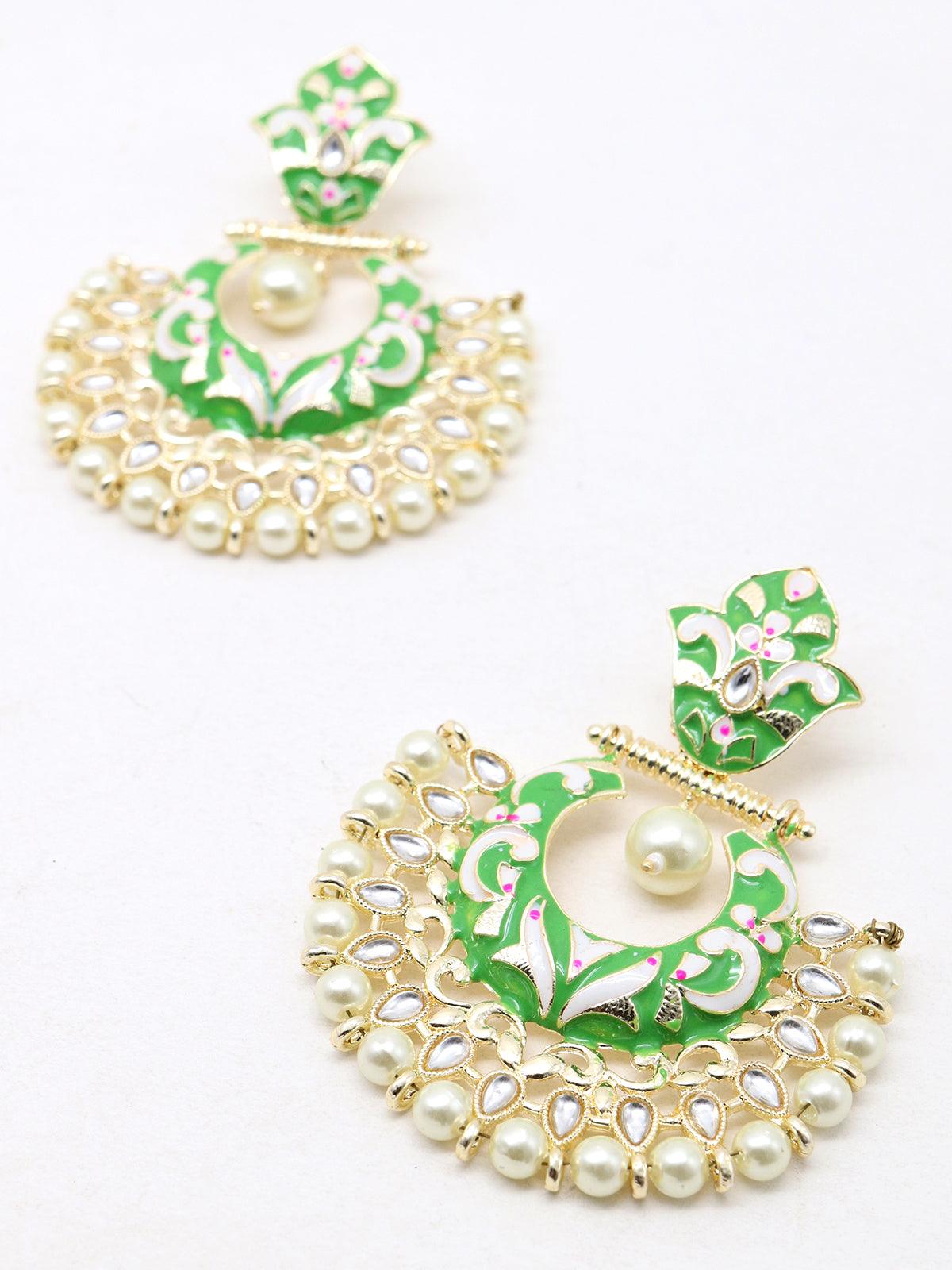 Women's Gold Tone Light Green White Tinted Kundan Pearl Dangle Earrings