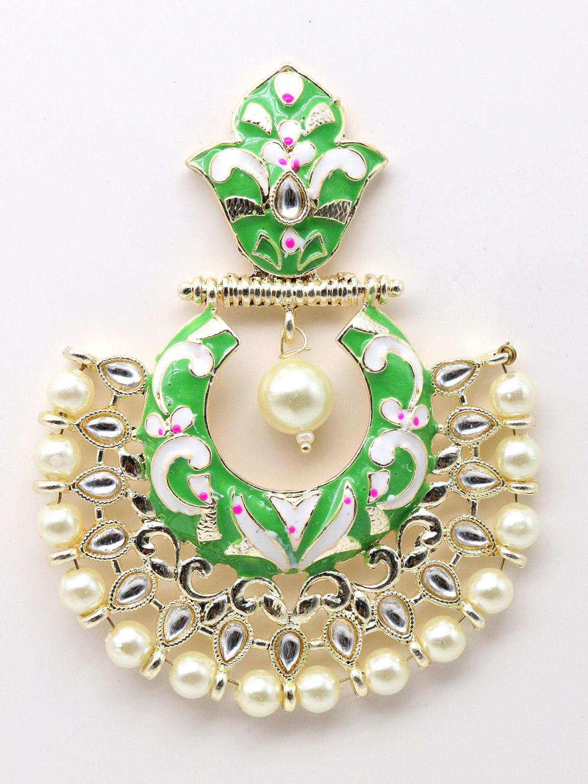 Women's Gold Tone Light Green White Tinted Kundan Pearl Dangle Earrings