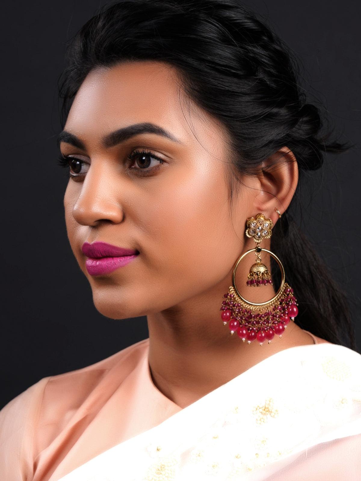 Women's Gold Tone Magenta Pink Dangling Ring-Jhumka Earring