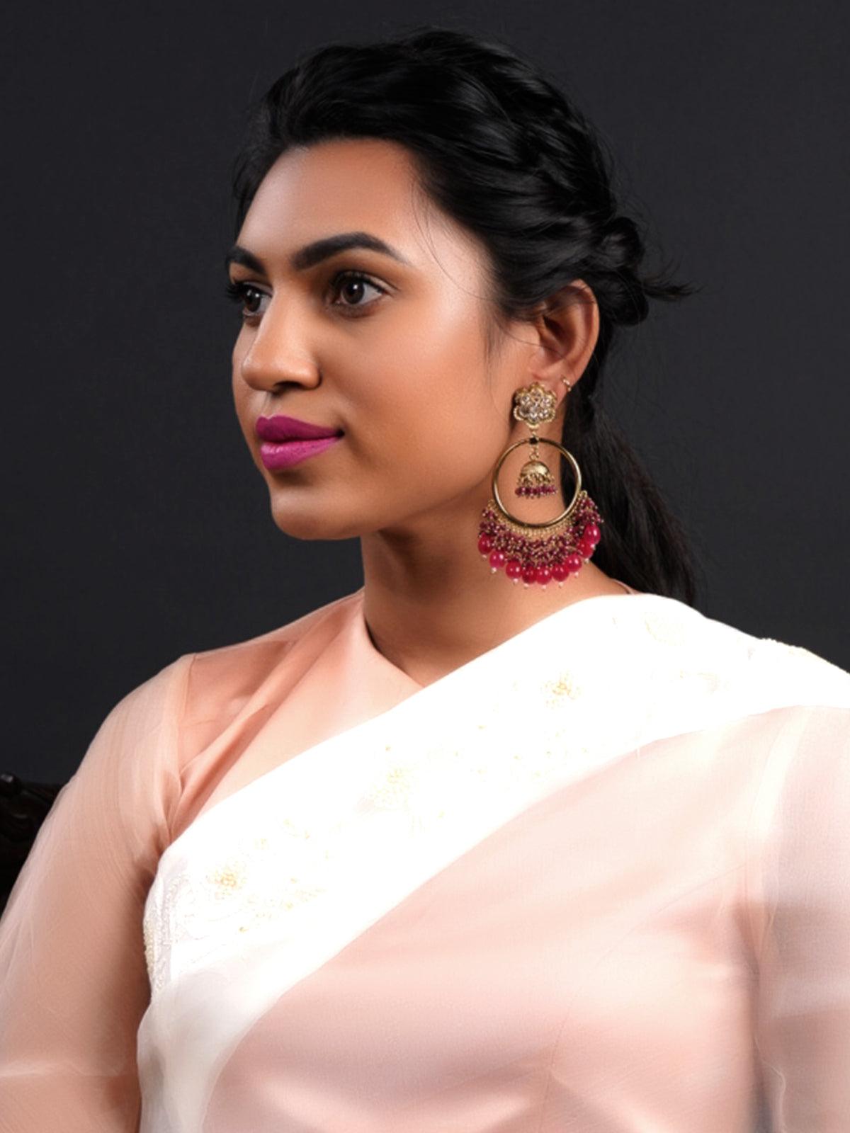 Women's Gold Tone Magenta Pink Dangling Ring-Jhumka Earring