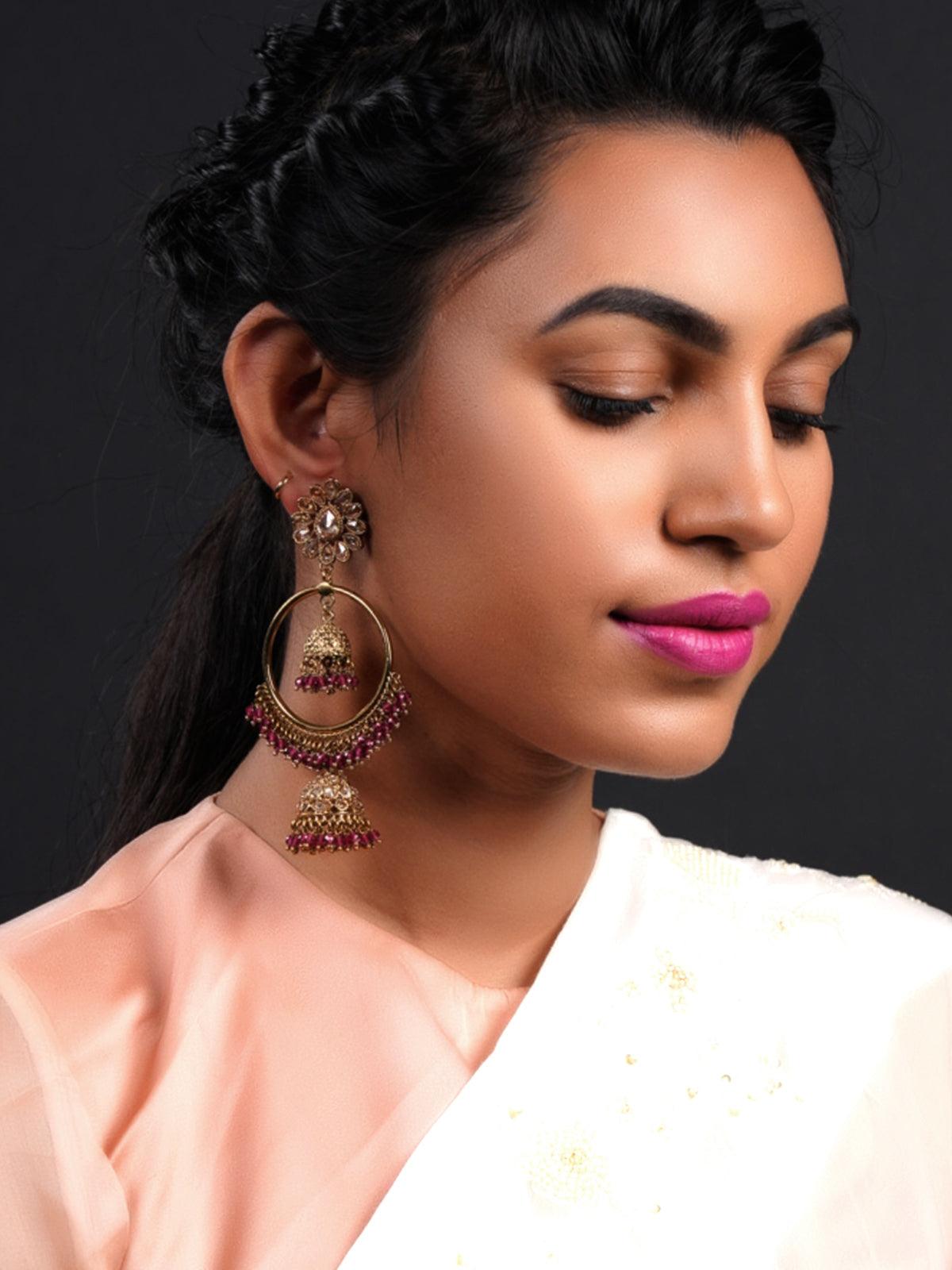 Women's Gold Tone Purple Compelling Dangling Ring-Jhumk