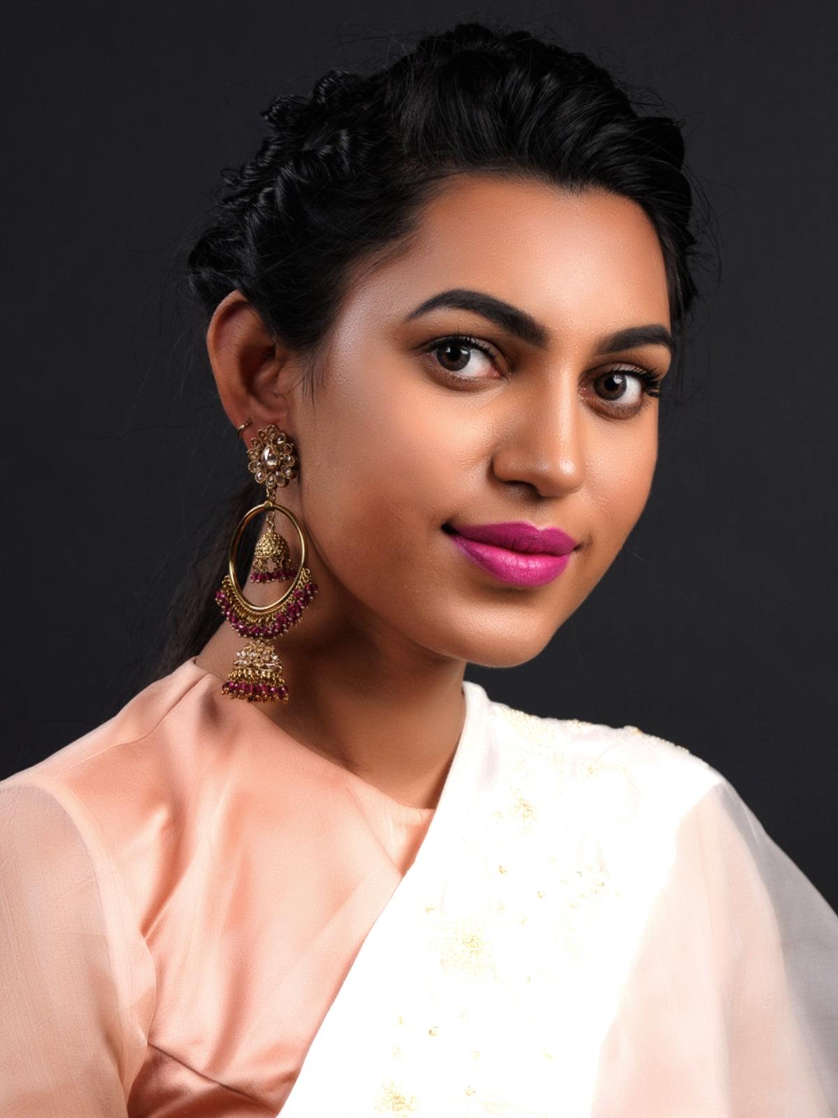 Women's Gold Tone Purple Compelling Dangling Ring-Jhumk