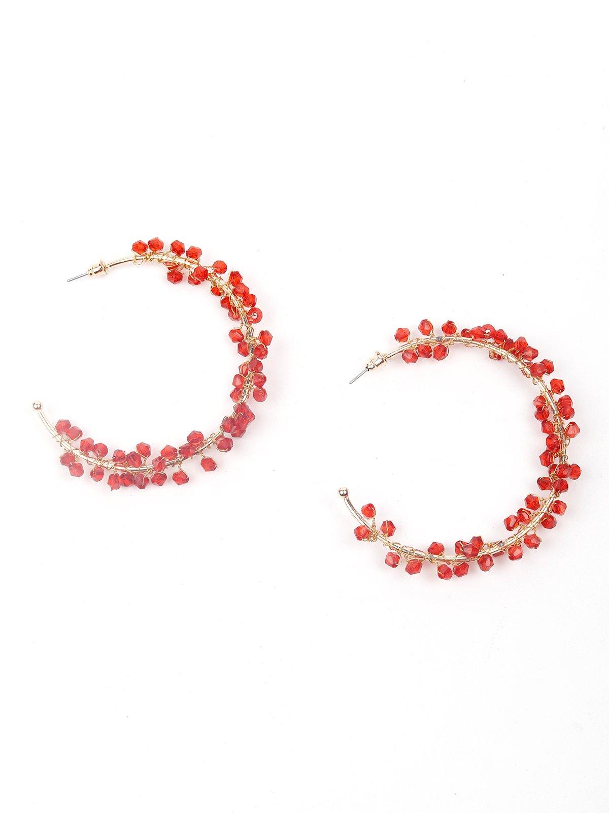 Women's Gold-Tone Red Beaded Hoop Earring