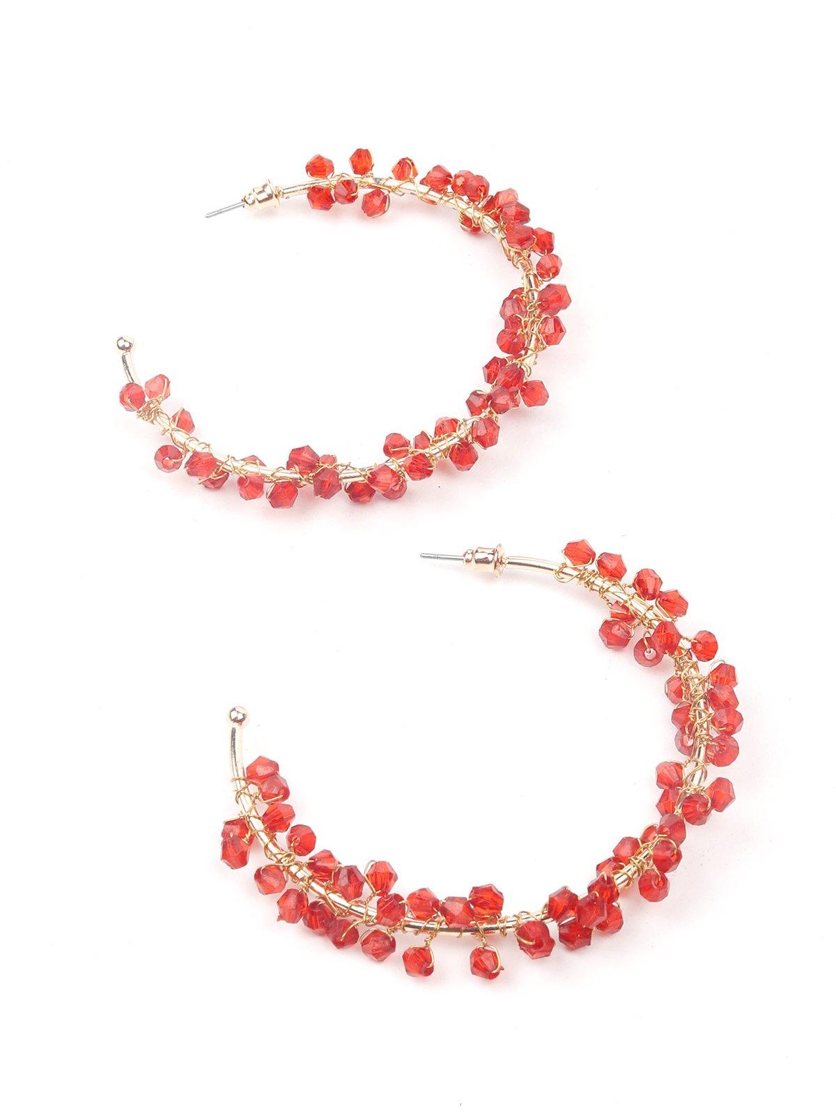Women's Gold-Tone Red Beaded Hoop Earring