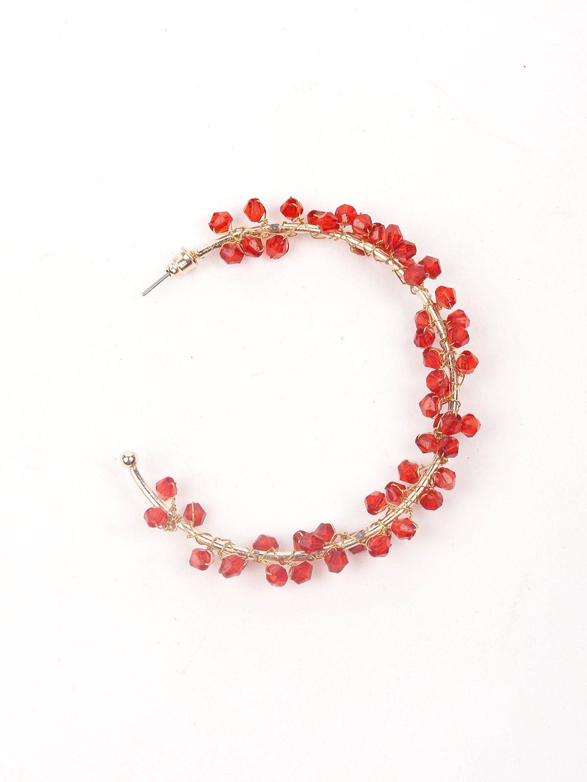 Women's Gold-Tone Red Beaded Hoop Earring