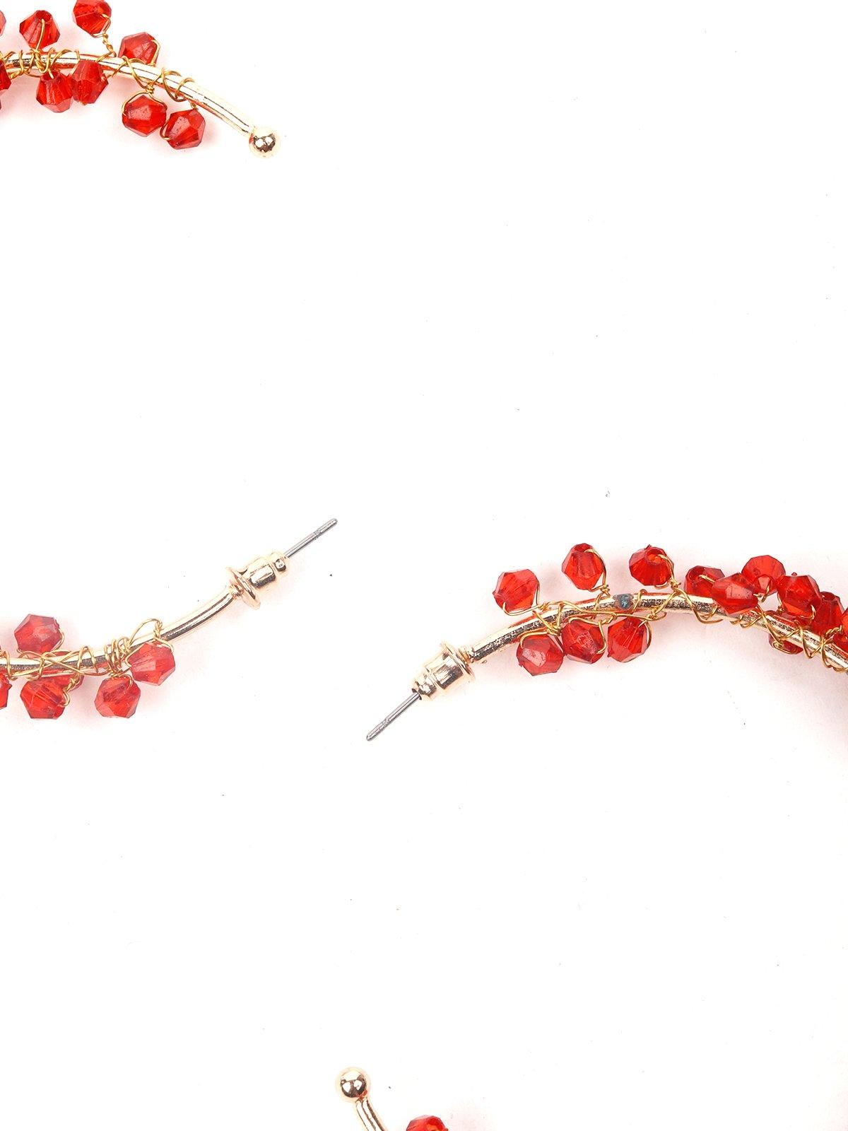Women's Gold-Tone Red Beaded Hoop Earring