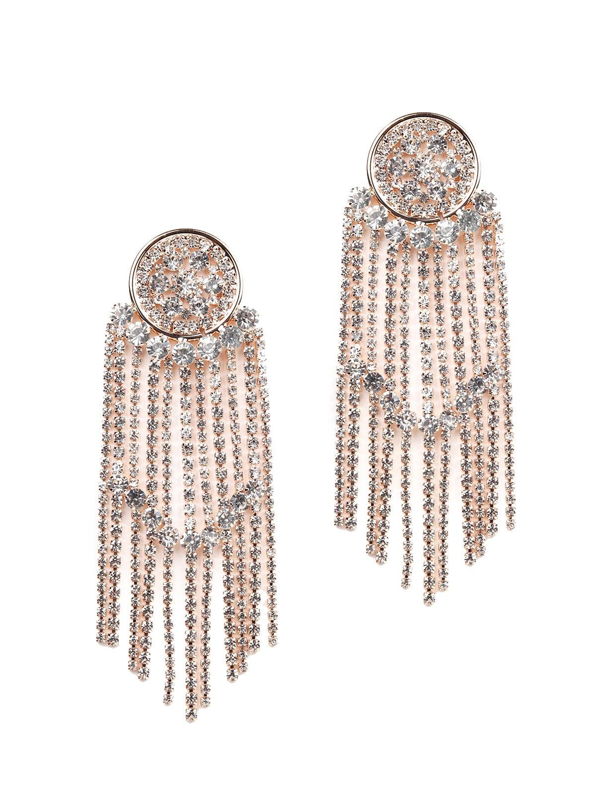 Women's Gold-Tone Rounded Crystal Tassel Earring