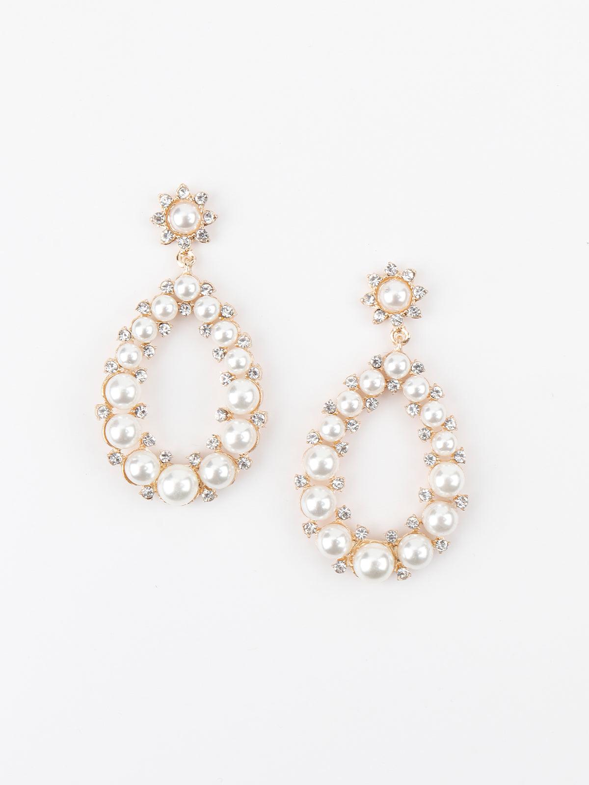 Women's Gold Tone White Pearl Glitter Dangle Earring
