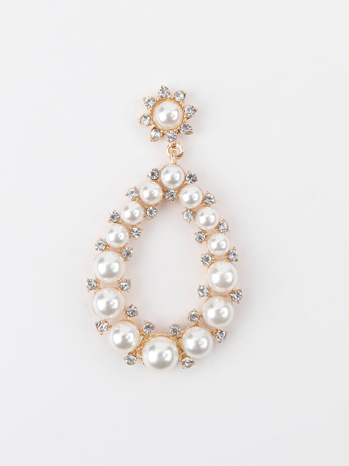 Women's Gold Tone White Pearl Glitter Dangle Earring