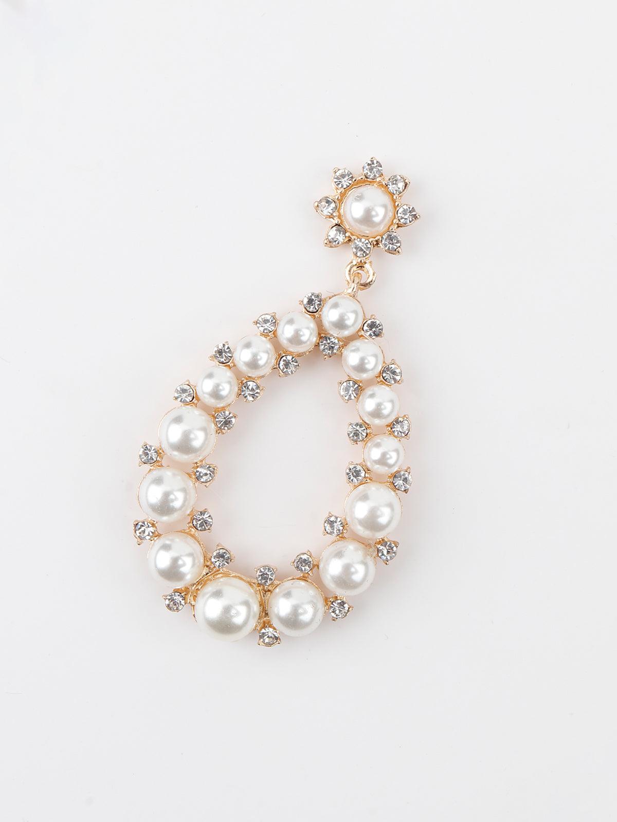 Women's Gold Tone White Pearl Glitter Dangle Earring