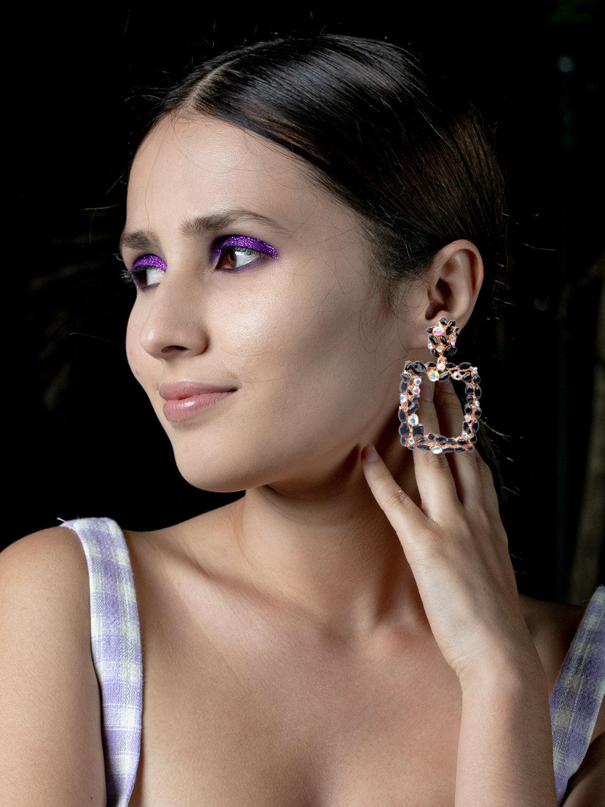 Women's Gold-Toned Black & White Studded Square Drop Earring