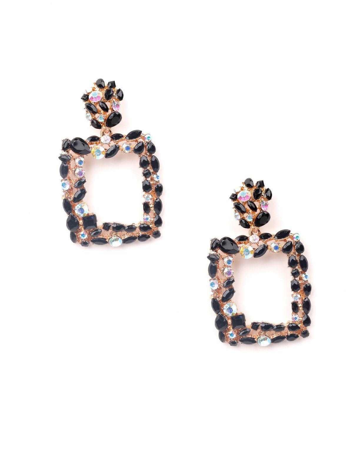 Women's Gold-Toned Black & White Studded Square Drop Earring