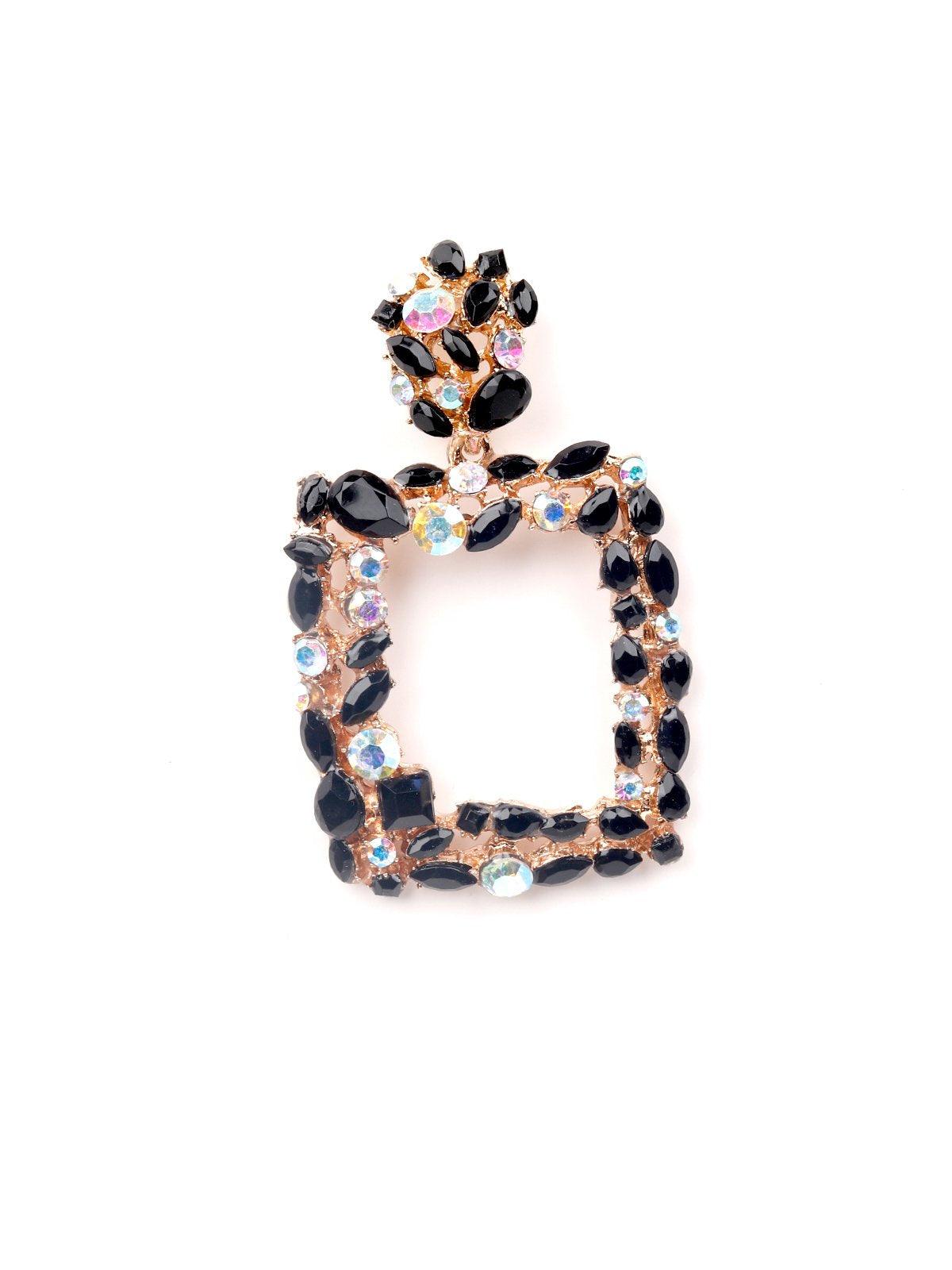 Women's Gold-Toned Black & White Studded Square Drop Earring