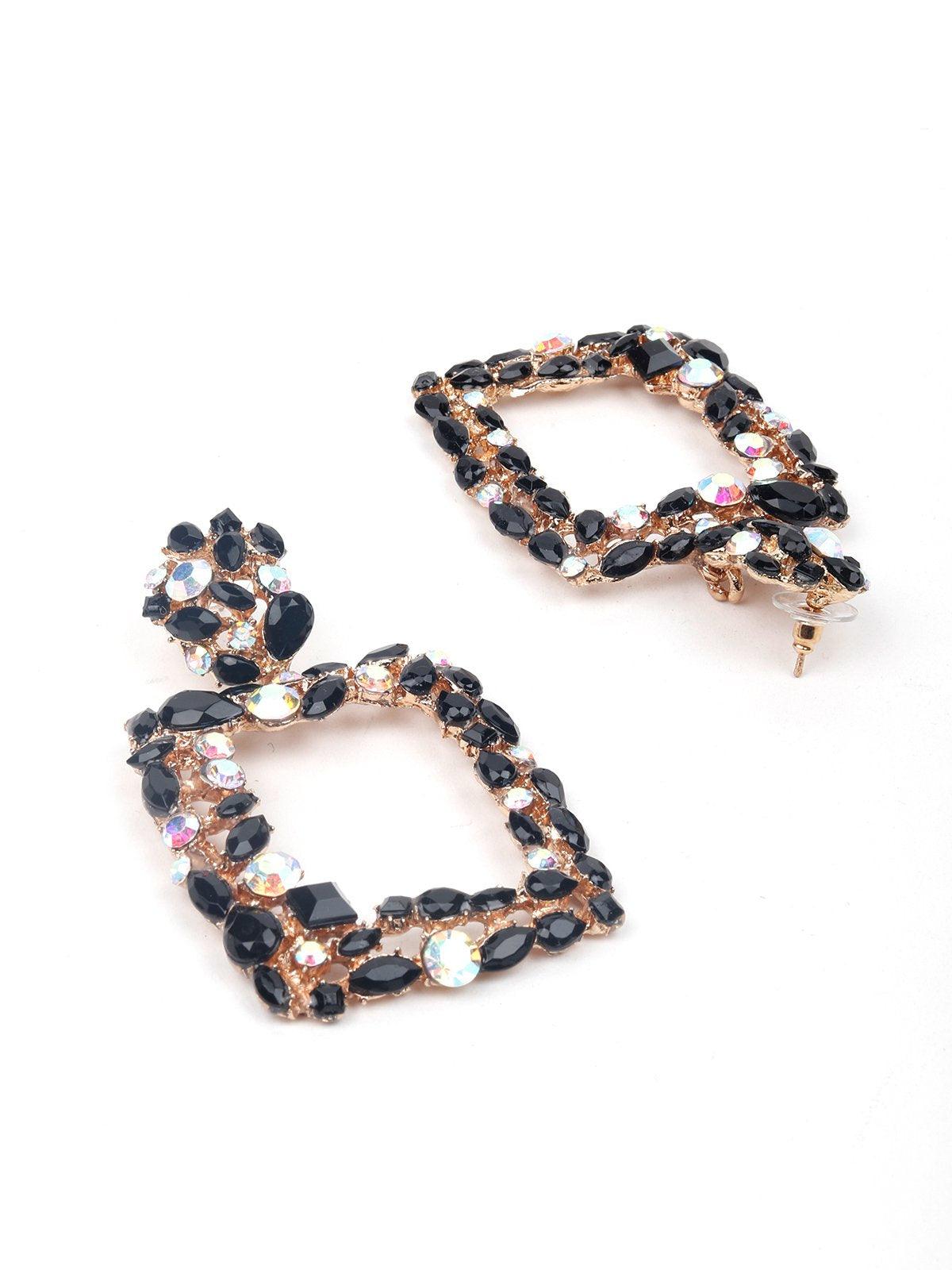 Women's Gold-Toned Black & White Studded Square Drop Earring
