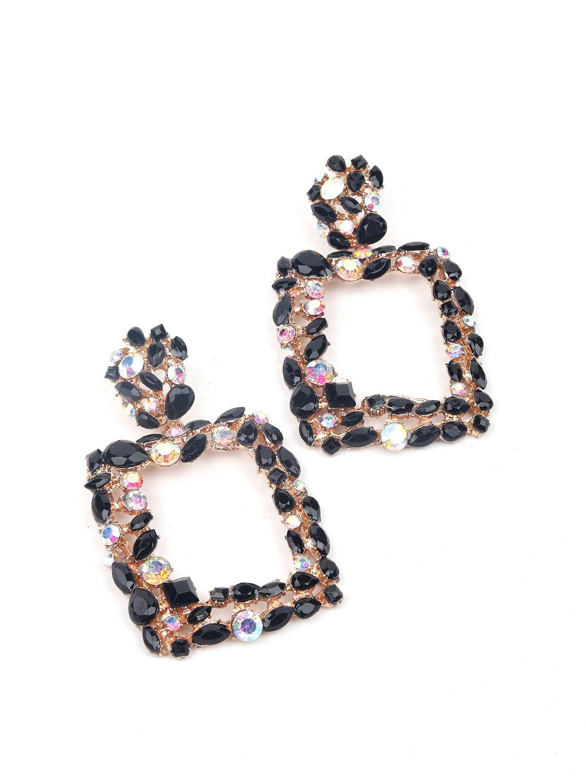 Women's Gold-Toned Black & White Studded Square Drop Earring