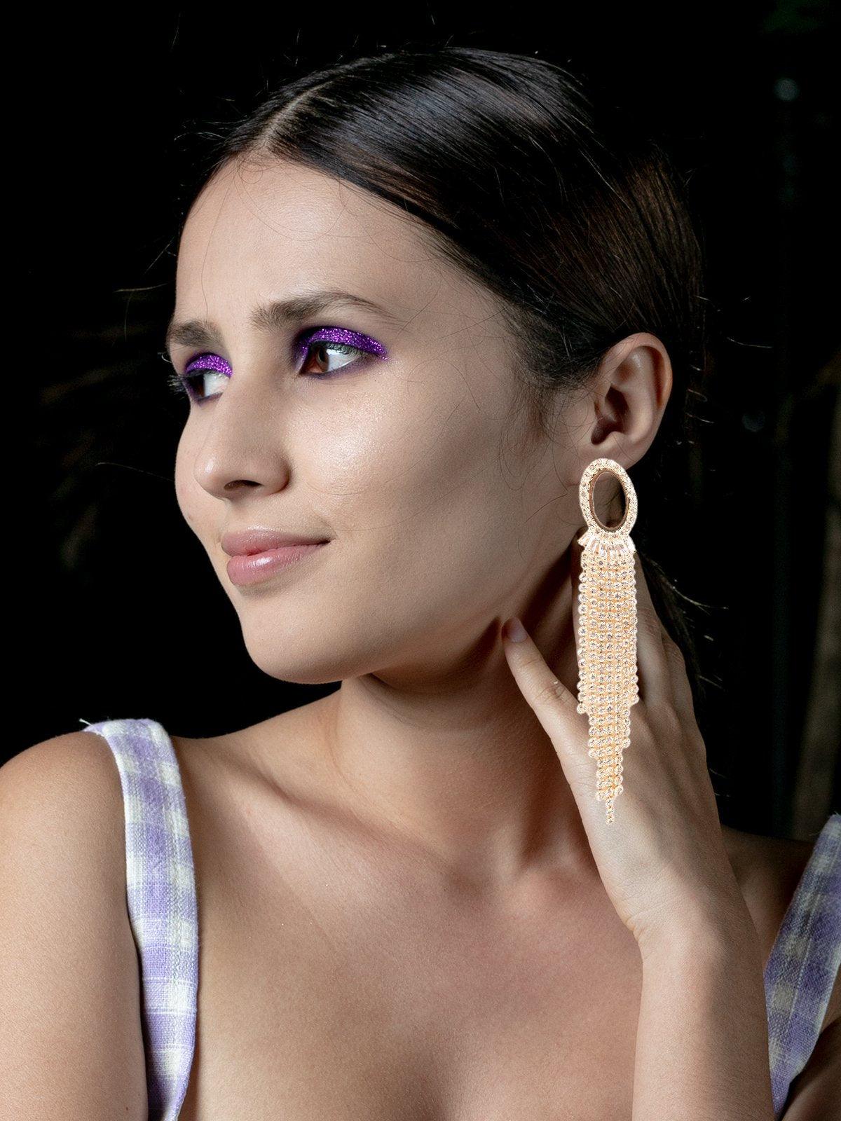 Women's Golden Rounded Crystal Tassel Drop Earring