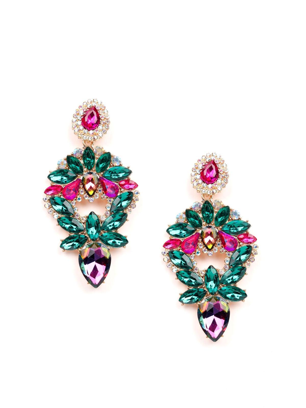 Women's Green&Pink Crystal Statement Earring