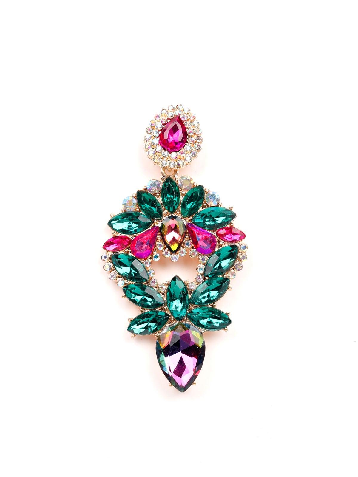 Women's Green&Pink Crystal Statement Earring