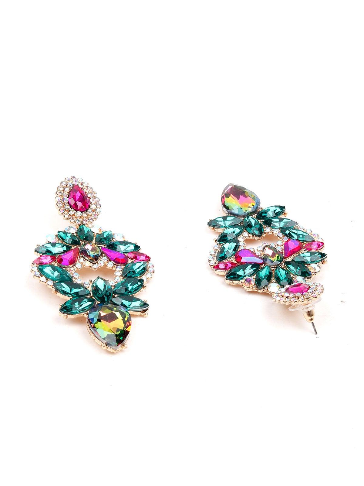 Women's Green&Pink Crystal Statement Earring