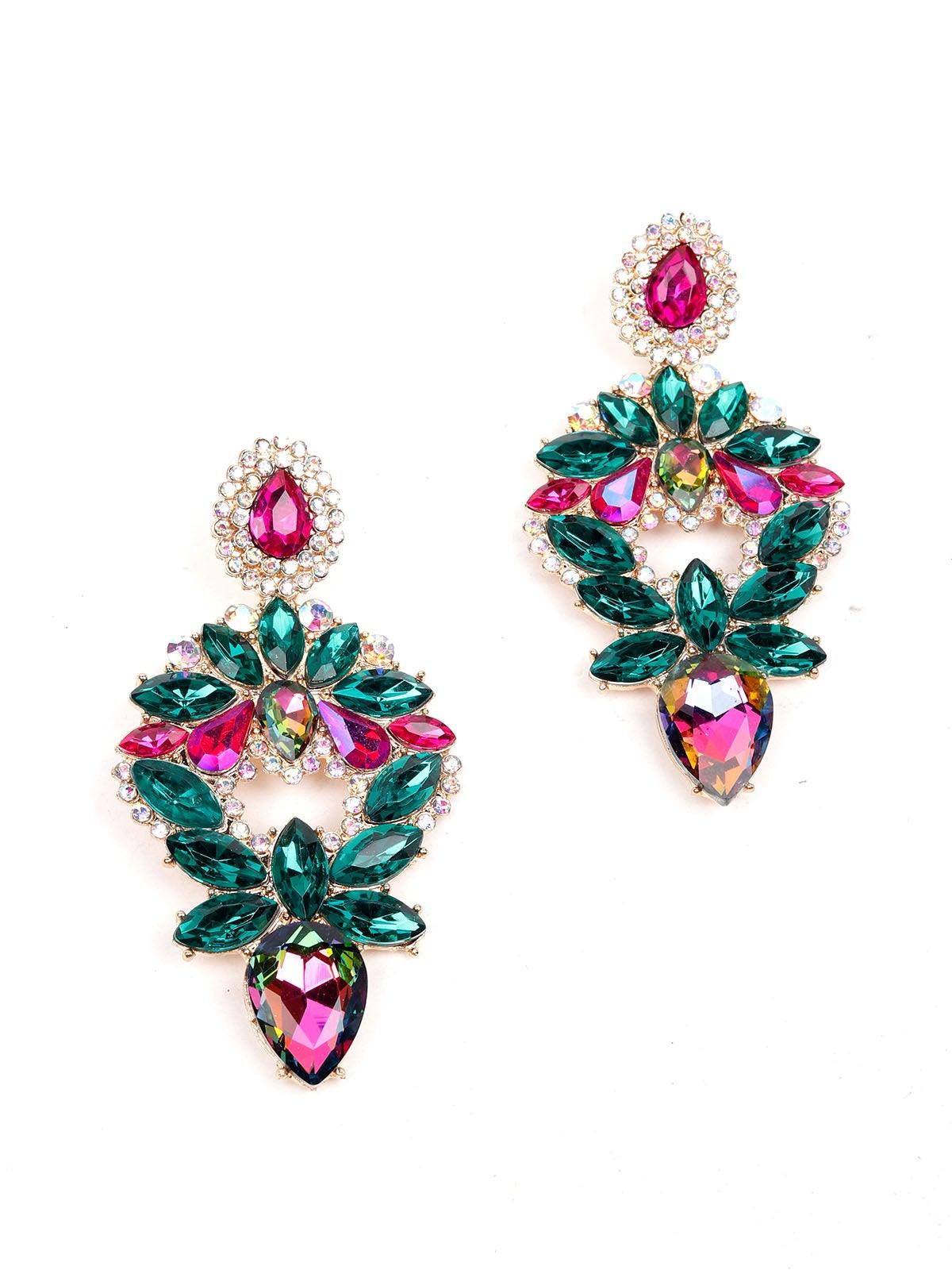 Women's Green&Pink Crystal Statement Earring