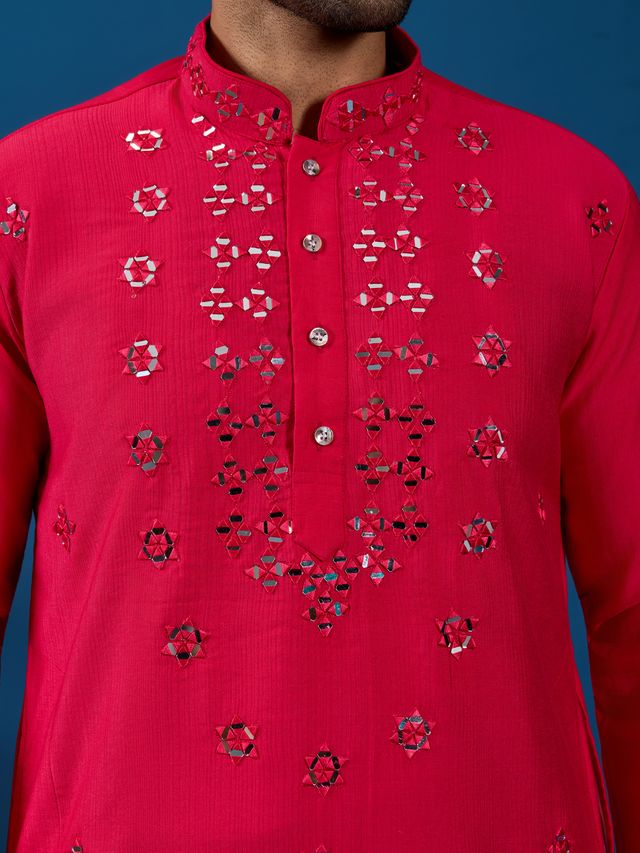 Men's Rani Viscose Slik Real Mirror Work With Threads Kurta Set