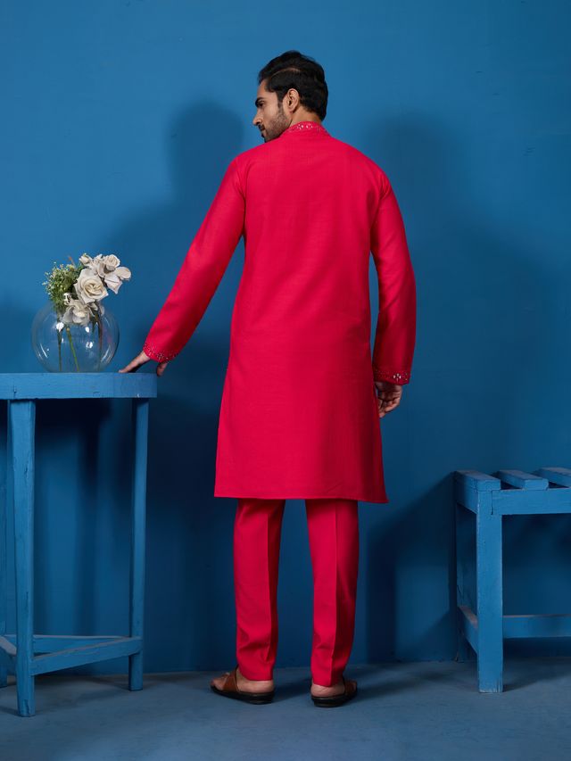 Men's Rani Viscose Slik Real Mirror Work With Threads Kurta Set